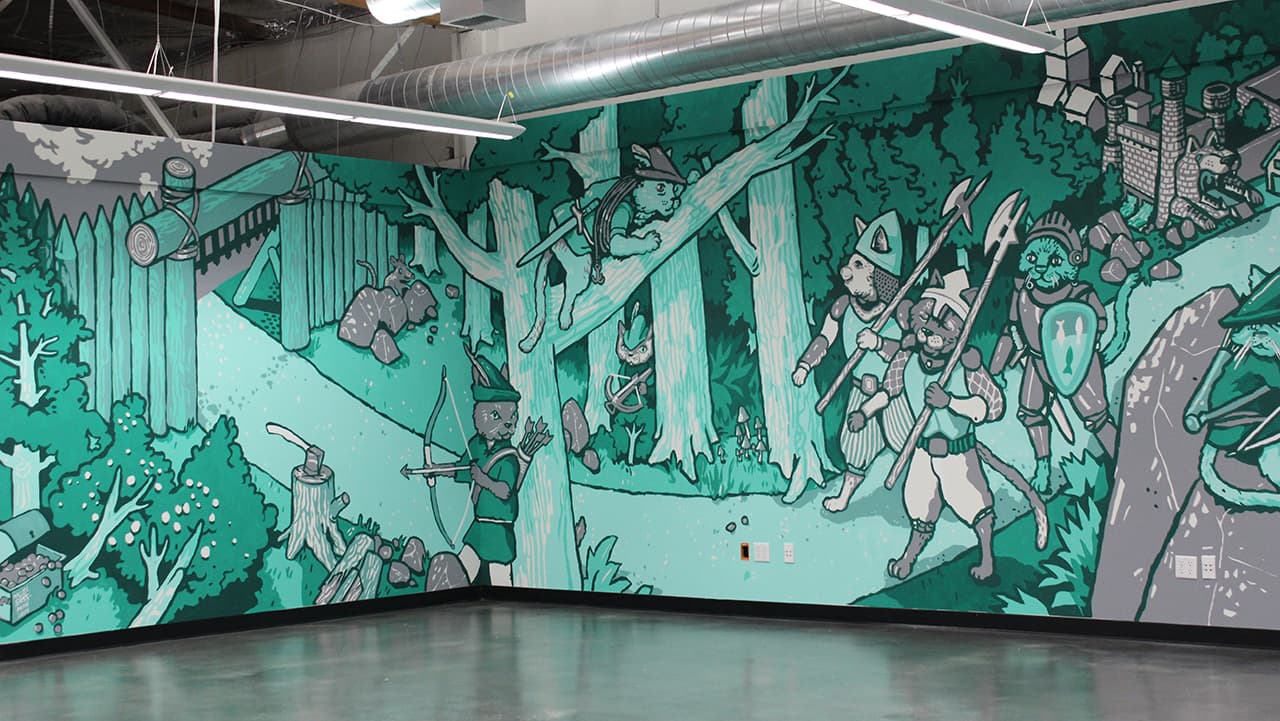 Robin Hood cat archer and cat knights wall, 2015 Robinhood mural in Palo Alto
